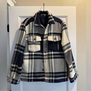 Zara Women’s Medium Wool Blend Plaid Jacket Coat Cream and Navy Pockets Warm